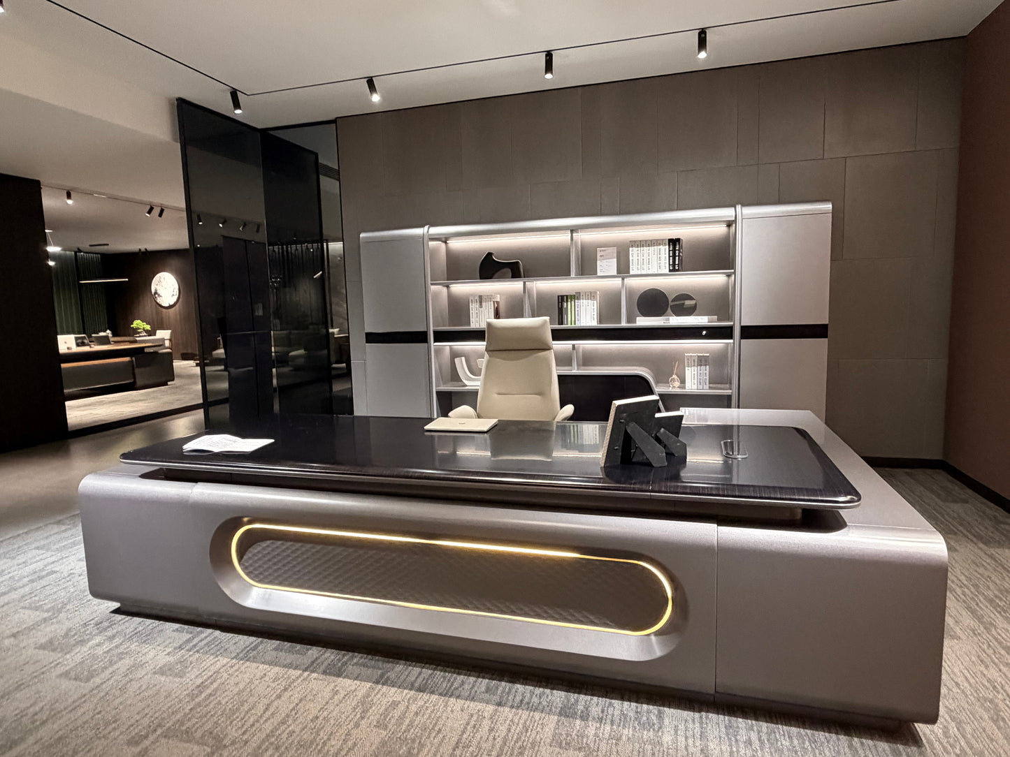 Cyber-Command Executive Desk | Futuristic Metallic CEO Workstation with LED Accent