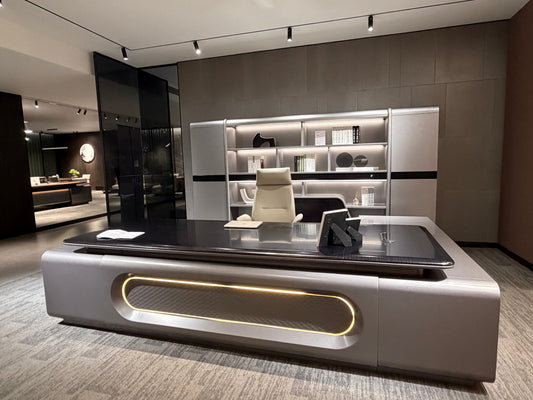 Cyber-Command Executive Desk | Futuristic Metallic CEO Workstation with LED Accent