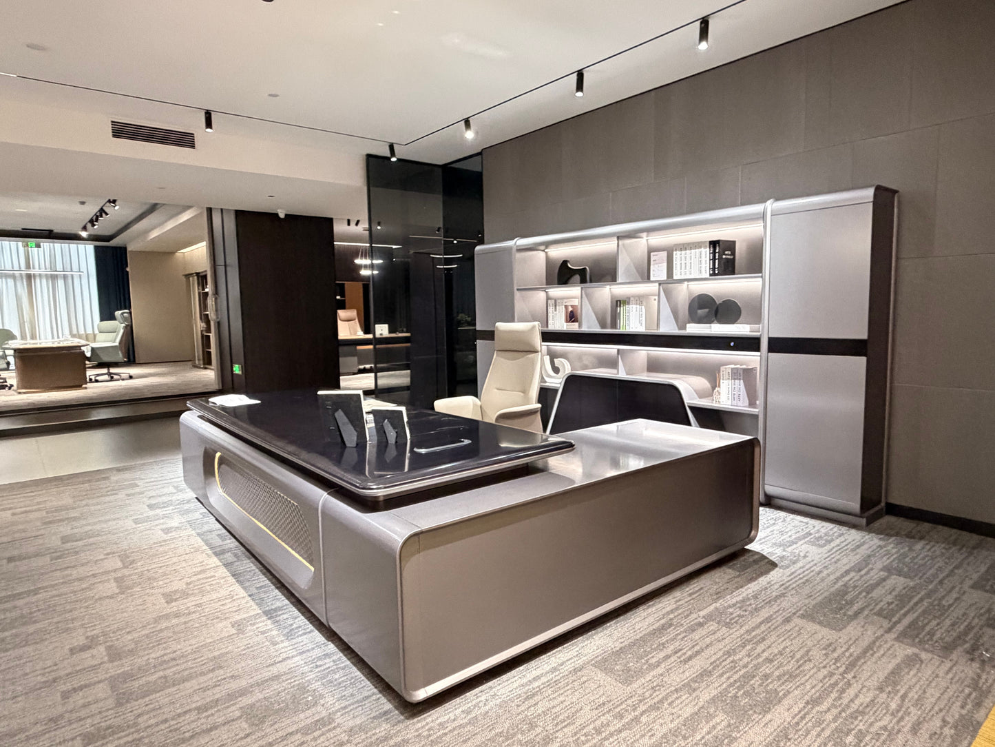 Cyber-Command Executive Desk | Futuristic Metallic CEO Workstation with LED Accent
