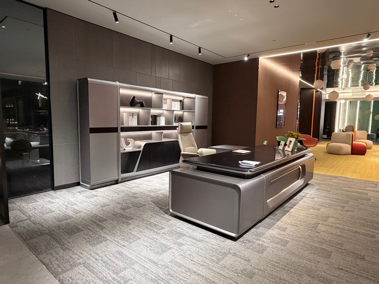 Cyber-Command Executive Desk | Futuristic Metallic CEO Workstation with LED Accent