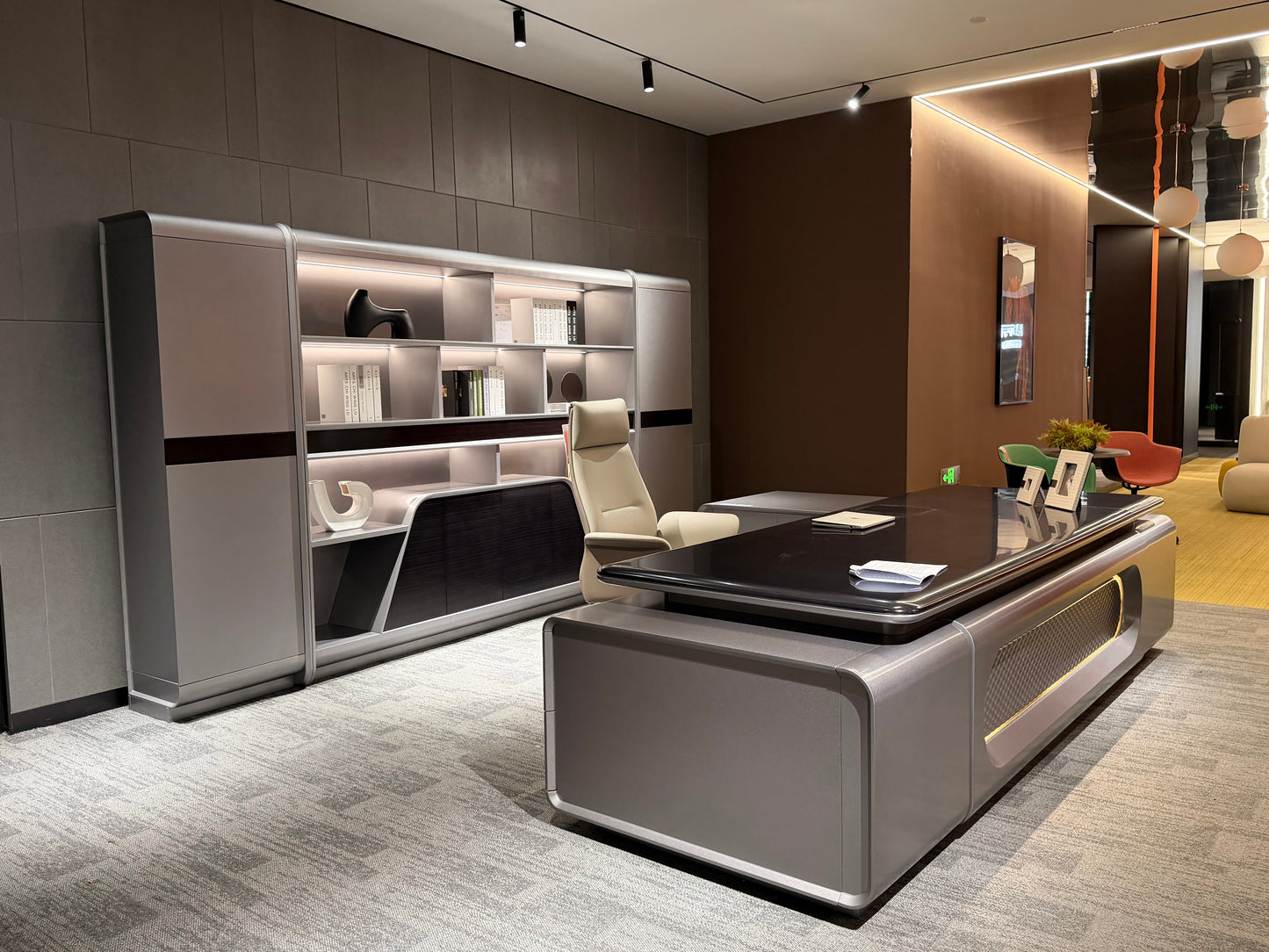 Cyber-Command Executive Desk | Futuristic Metallic CEO Workstation with LED Accent