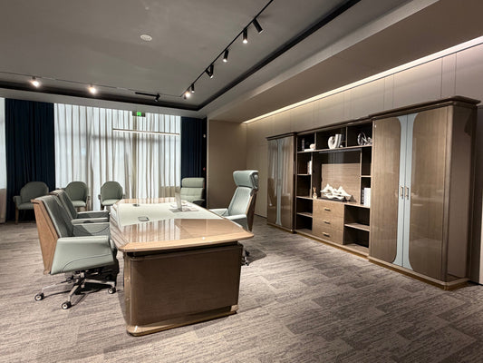 Elegance Curved Executive Desk | Walnut & Teal Leather-Accent CEO Workstation