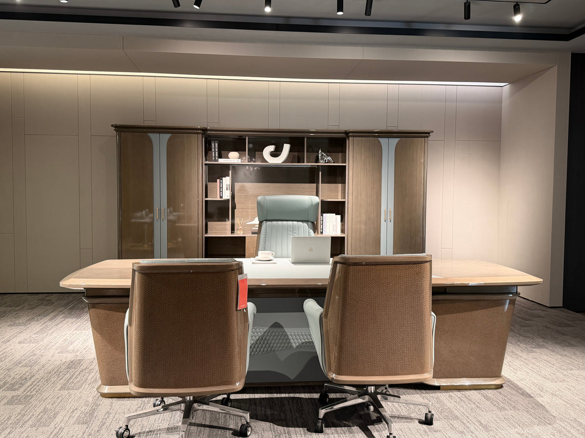 Elegance Curved Executive Desk | Walnut & Teal Leather-Accent CEO Workstation