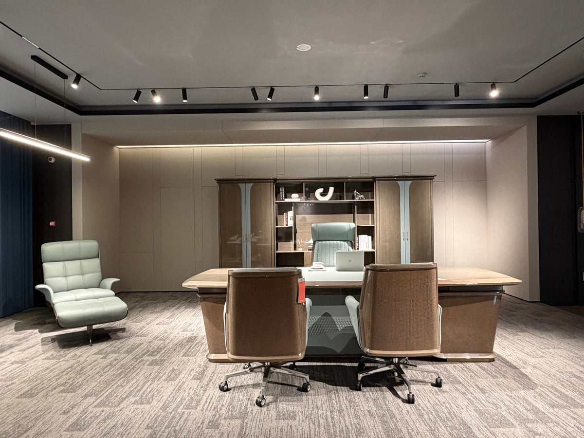 Elegance Curved Executive Desk | Walnut & Teal Leather-Accent CEO Workstation