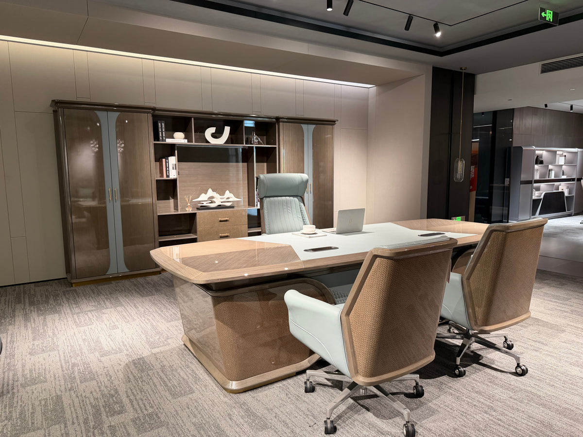 Elegance Curved Executive Desk | Walnut & Teal Leather-Accent CEO Workstation