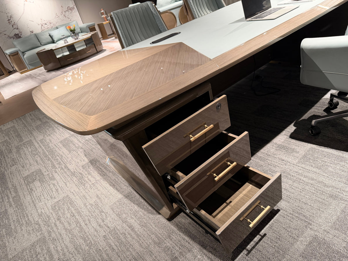 Elegance Curved Executive Desk | Walnut & Teal Leather-Accent CEO Workstation