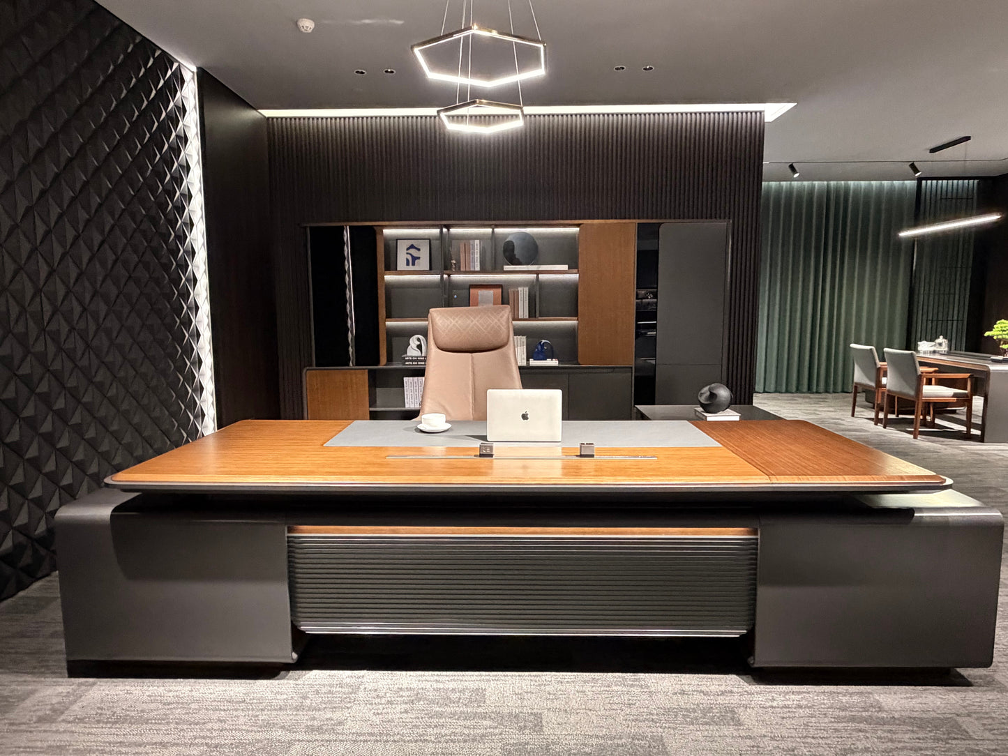 Grand Authority Executive Desk Suite | Slatted Gunmetal & Wood CEO Workstation