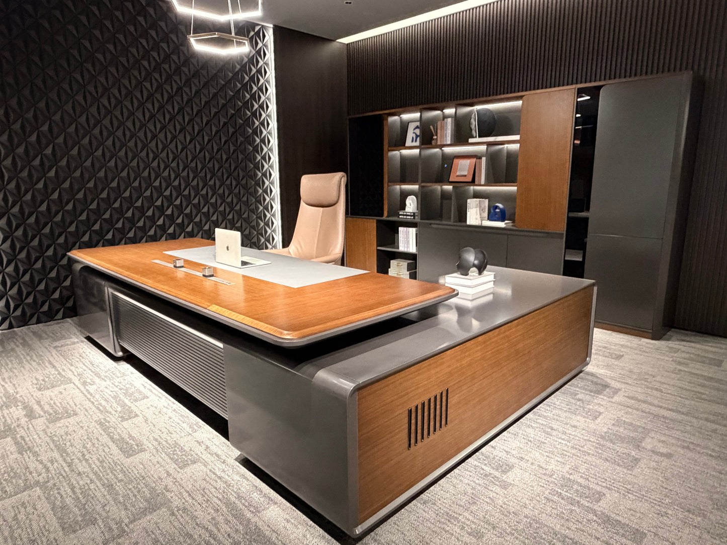 Grand Authority Executive Desk Suite | Slatted Gunmetal & Wood CEO Workstation