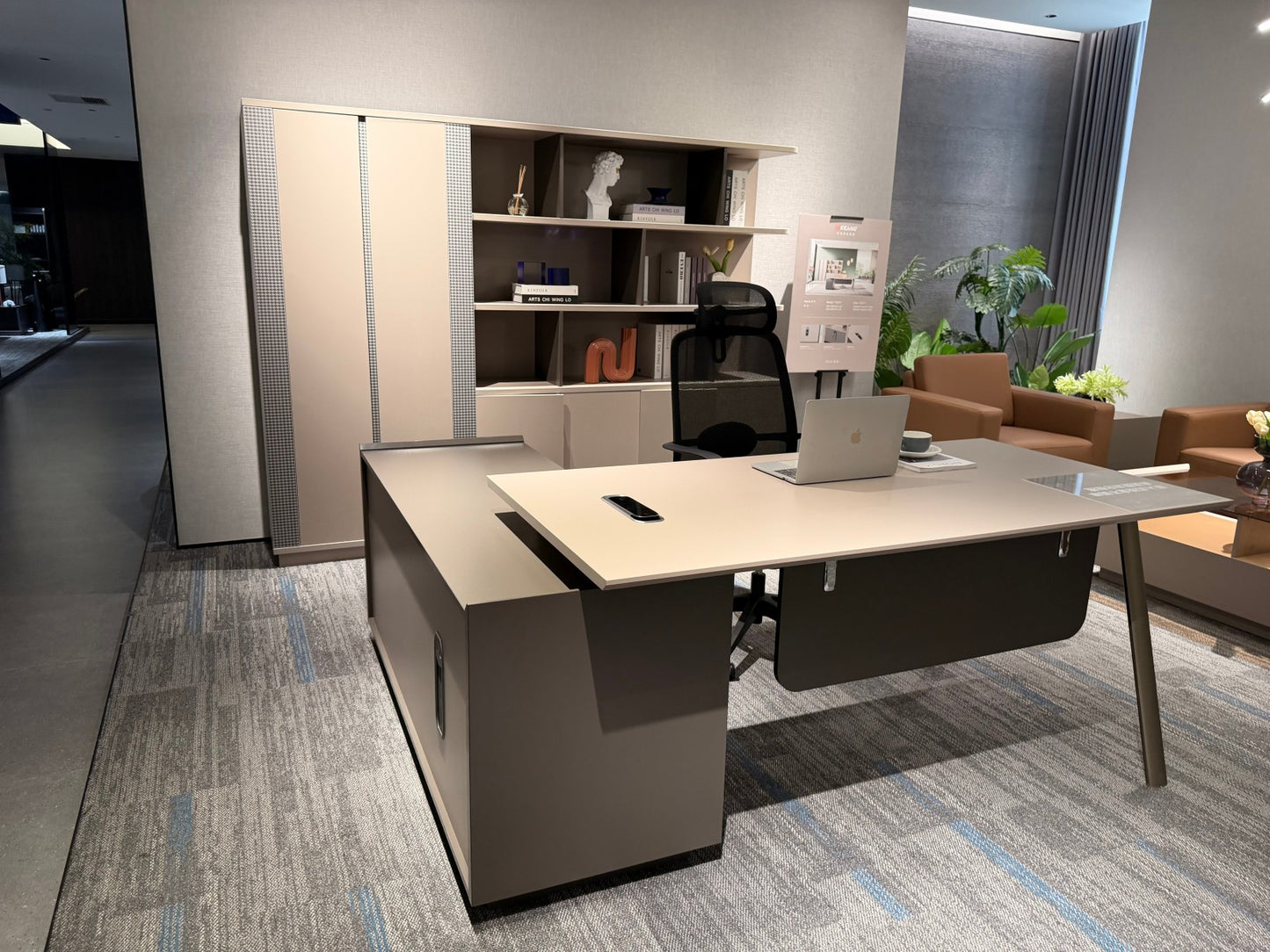 Modern Minimalist L-Shaped Supervisor Desk | Executive Office Table with Side Cabinet