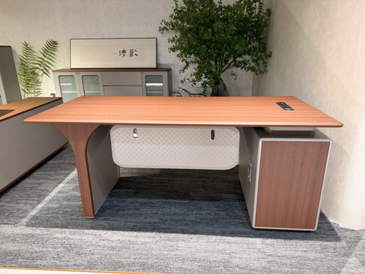 Elegant Arched-Leg Supervisor Desk | Warm Wood Grain Manager Table