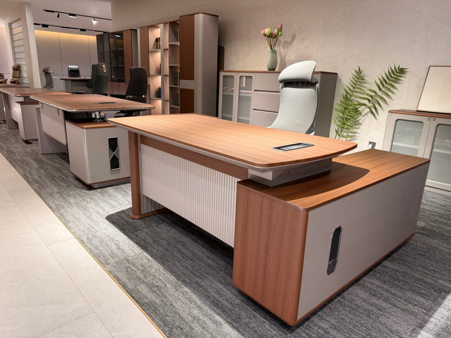 Modern Fluted Panel Executive Desk | Wood Grain L-Shaped Supervisor Table