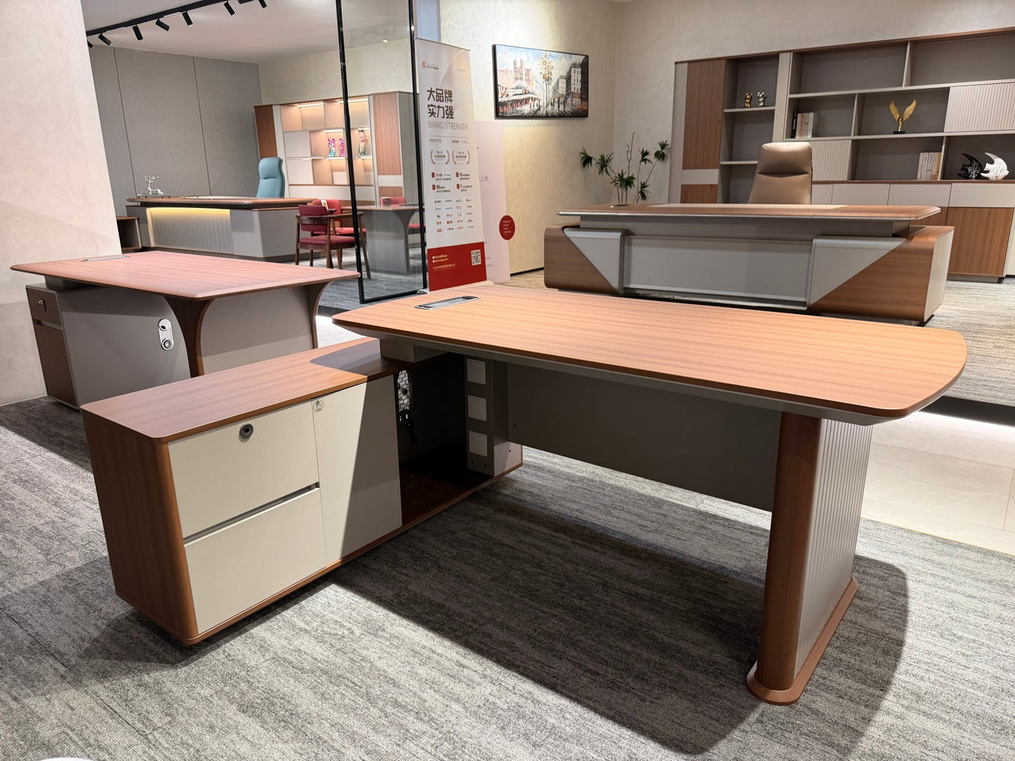 Modern Fluted Panel Executive Desk | Wood Grain L-Shaped Supervisor Table