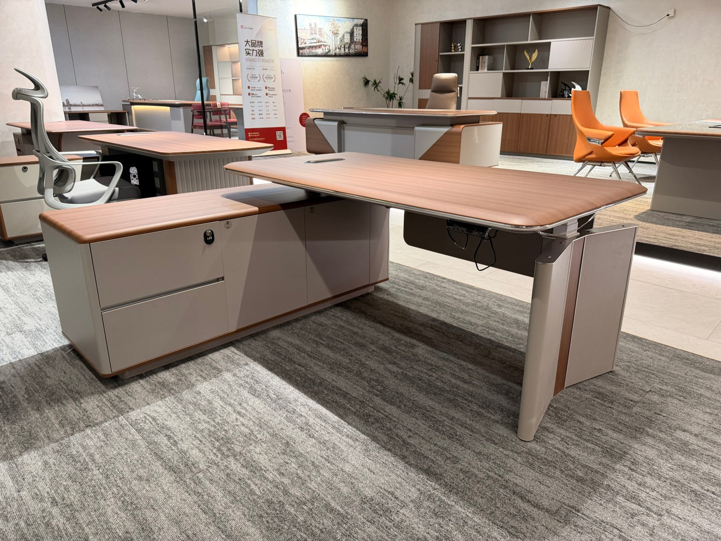 Modern Metallic Trim Executive Desk | L-Shaped Manager Workstation with Cable Management