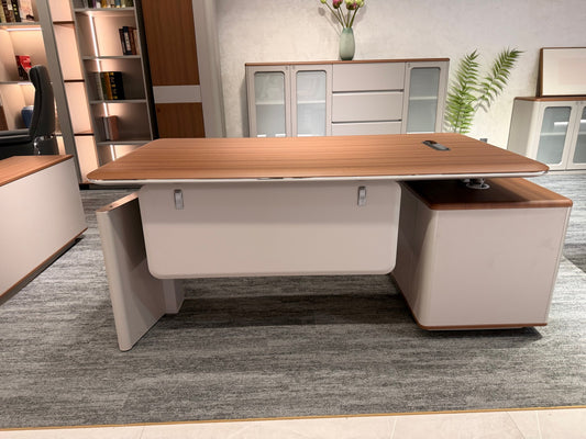 Modern Metallic Trim Executive Desk | L-Shaped Manager Workstation with Cable Management
