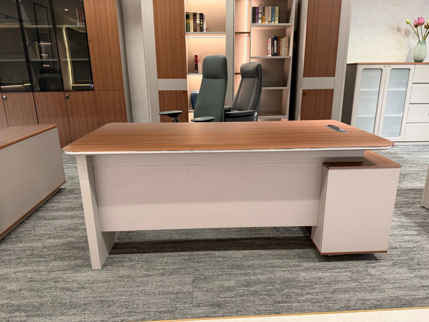 Classic Solid Panel Executive Desk | L-Shaped Manager Workstation with Metallic Trim