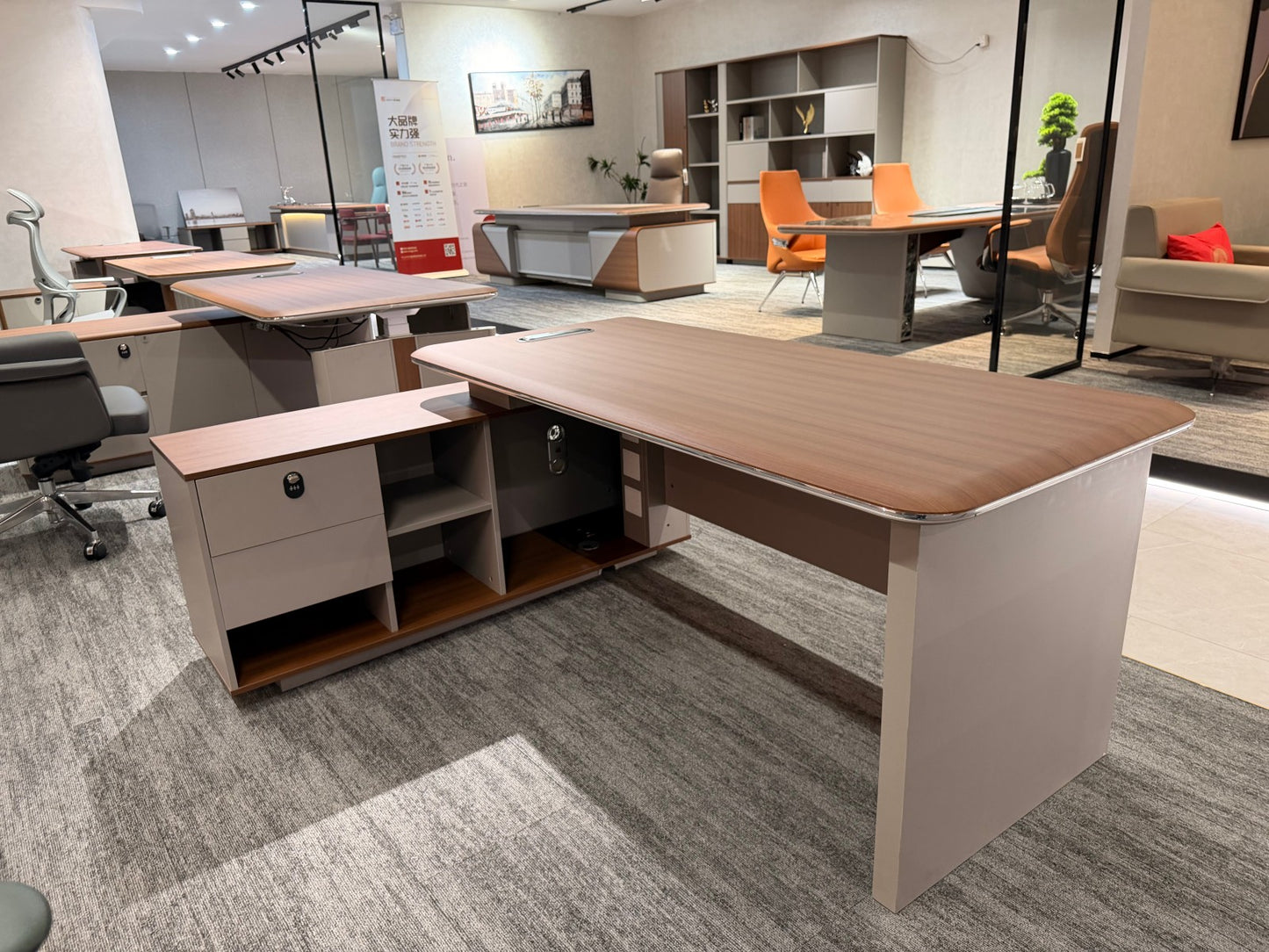 Classic Solid Panel Executive Desk | L-Shaped Manager Workstation with Metallic Trim