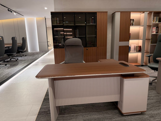 Luxury Fluted Panel Executive Desk | L-Shaped Manager Workstation with Metallic Trim