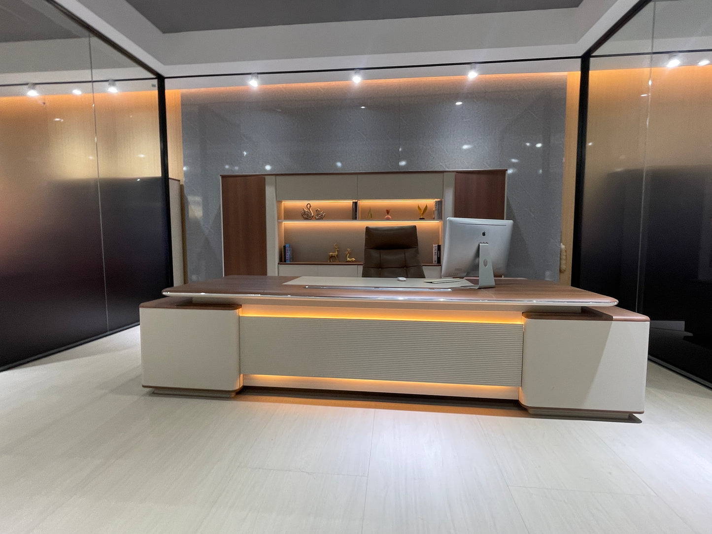 Executive Warm Wood Desk Suite | Premium L-Shaped Workstation with Ambient Lighting