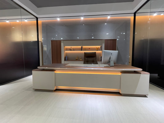 Executive Warm Wood Desk Suite | Premium L-Shaped Workstation with Ambient Lighting