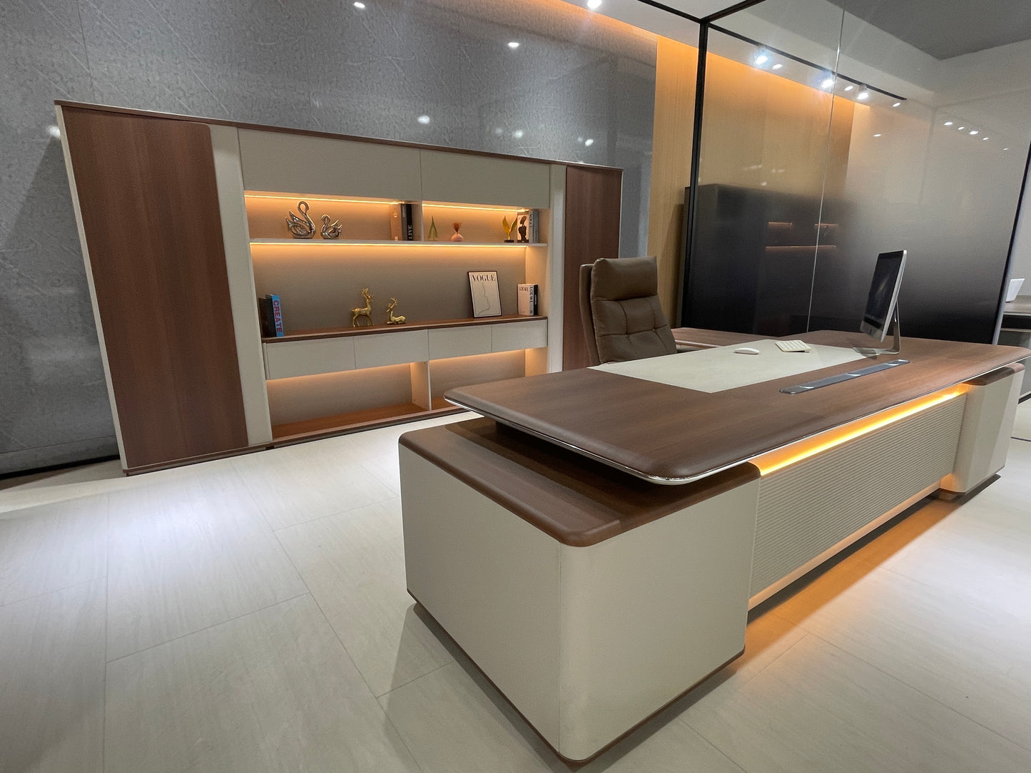 Executive Warm Wood Desk Suite | Premium L-Shaped Workstation with Ambient Lighting