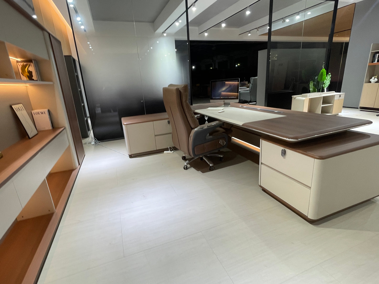 Executive Warm Wood Desk Suite | Premium L-Shaped Workstation with Ambient Lighting