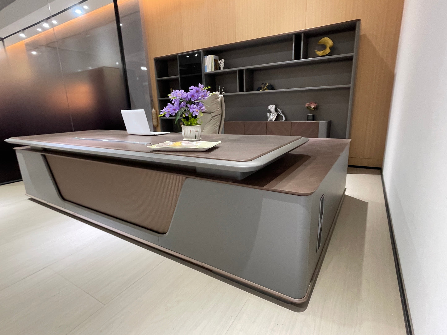 Modern Two-Tone Executive Desk | L-Shaped Manager Workstation with Textured Front