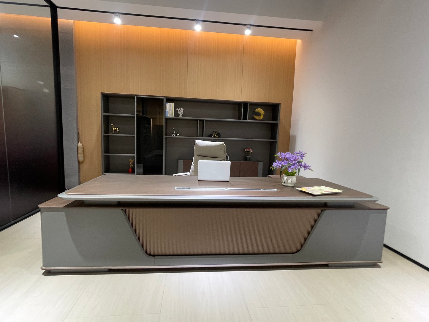 Modern Two-Tone Executive Desk | L-Shaped Manager Workstation with Textured Front